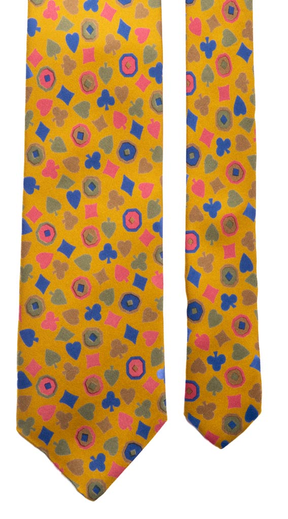 Cravatta Vintage in Saia di Seta Gialla Fantasia Carte da Poker Multicolor Made in Italy Graffeo Cravatte Pala