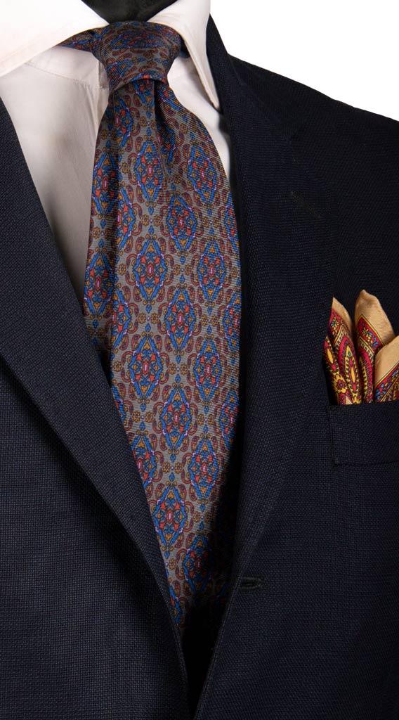 Cravatta Vintage in Saia di Seta Grigia Scura Fantasia Multicolor Made in Italy Graffeo Cravatte