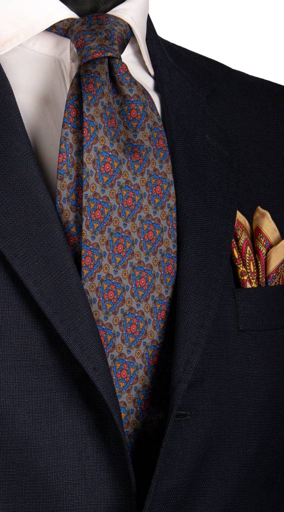 Cravatta Vintage in Saia di Seta Grigia Scura Fantasia Multicolor Made in Italy Graffeo Cravatte