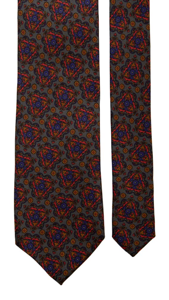 Cravatta Vintage in Saia di Seta Grigia Scura Fantasia Multicolor Made in Italy Graffeo Cravatte Pala