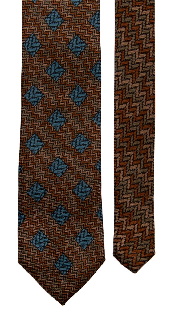 Cravatta Vintage in Saia di Seta Marrone Beige Celeste Fantasia Nodo in Contrasto Made in Italy Graffeo Cravatte Pala