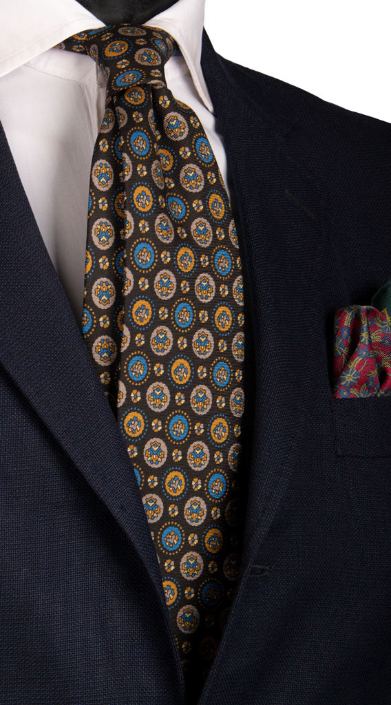 Cravatta Vintage in Saia di Seta Marrone Bruciato Fantasia Celeste Senape Tortora Made in Italy Graffeo Cravatte