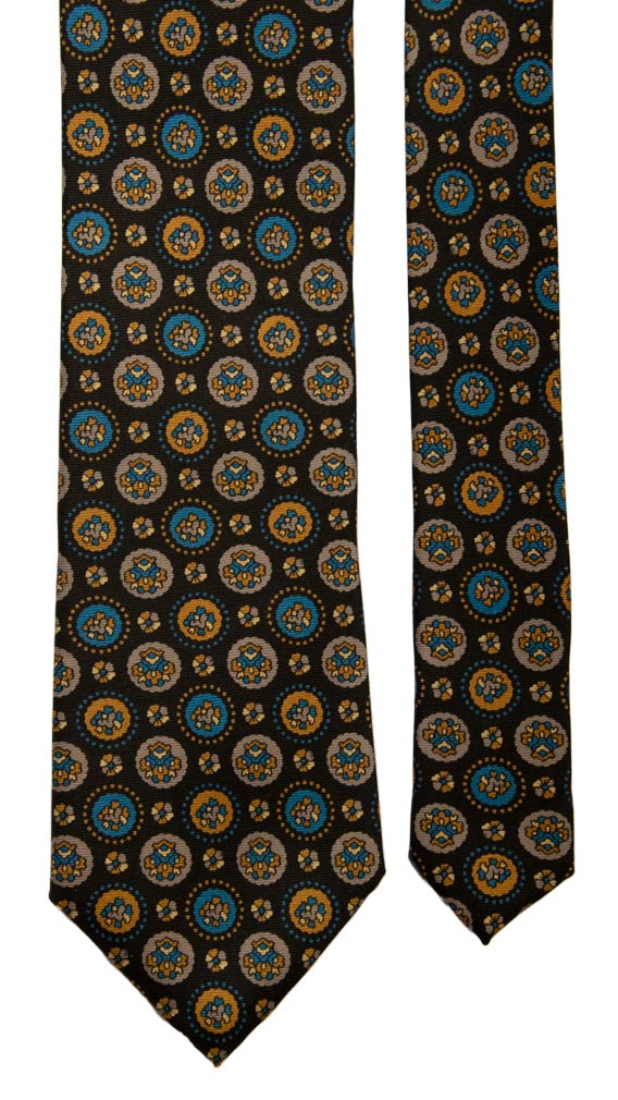 Cravatta Vintage in Saia di Seta Marrone Bruciato Fantasia Celeste Senape Tortora Made in Italy Graffeo Cravatte Pala