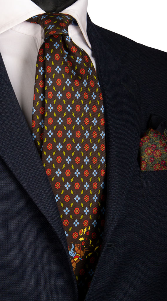 Cravatta Vintage in Saia di Seta Marrone Bruciato Fantasia Multicolor con Animali Made in Italy Graffeo Cravatte