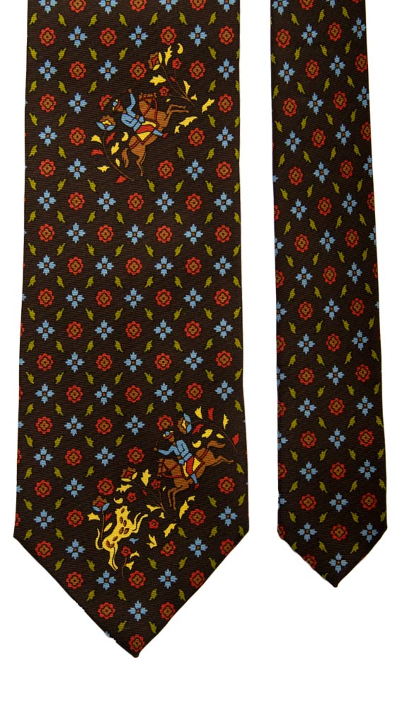 Cravatta Vintage in Saia di Seta Marrone Bruciato Fantasia Multicolor con Animali Made in Italy Graffeo Cravatte Pala