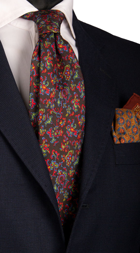 Cravatta Vintage in Saia di Seta Marrone Bruciato a Fiori Multicolor Made in Italy Graffeo Cravatte
