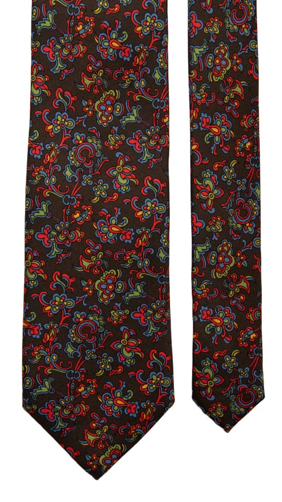 Cravatta Vintage in Saia di Seta Marrone Bruciato a Fiori Multicolor Made in Italy Graffeo Cravatte Pala