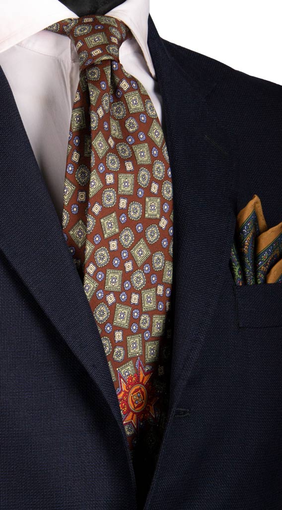 Cravatta Vintage in Saia di Seta Marrone Fantasia Multicolor Made in Italy Graffeo Cravatte
