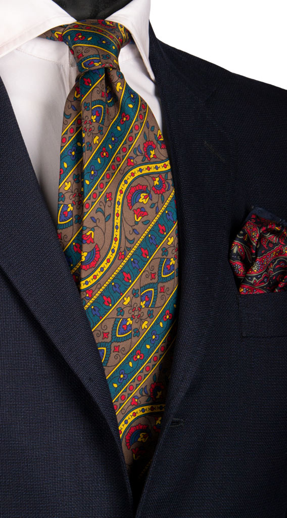 Cravatta Vintage in Saia di Seta Marrone Fantasia Multicolor Made in Italy Graffeo Cravatte