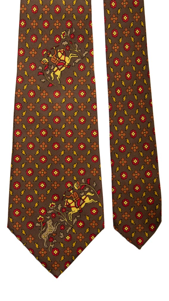 Cravatta Vintage in Saia di Seta Marrone Fantasia Rossa Gialla con Animali Made in Italy Graffeo Cravatte Pala