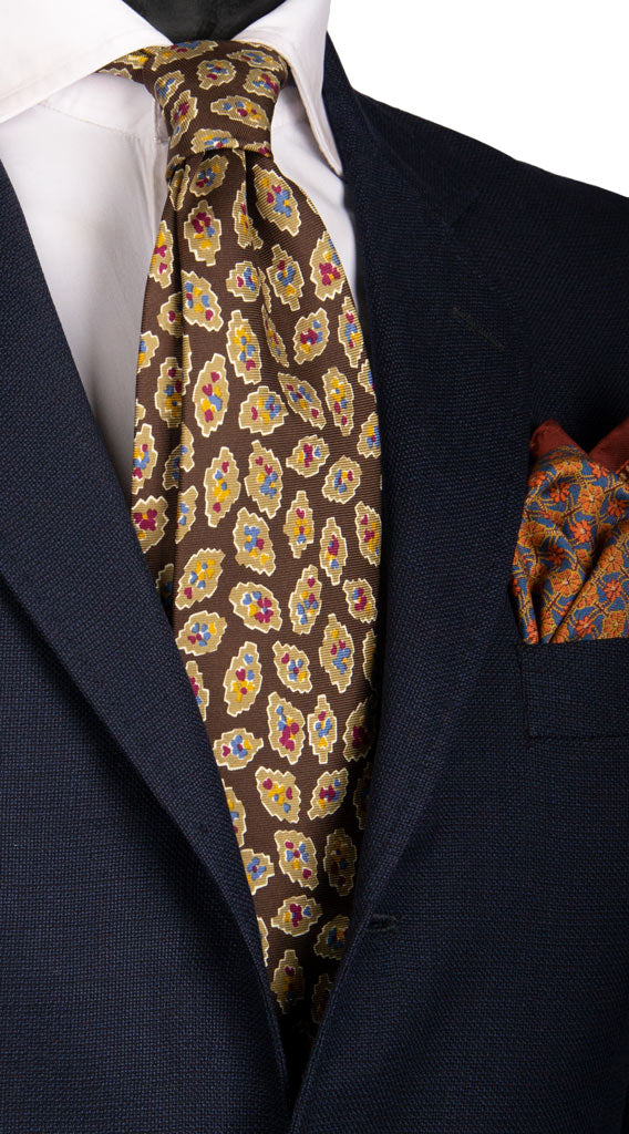 Cravatta Vintage in Saia di Seta Marrone Tortora Fantasia Multicolor Made in Italy Graffeo Cravatte