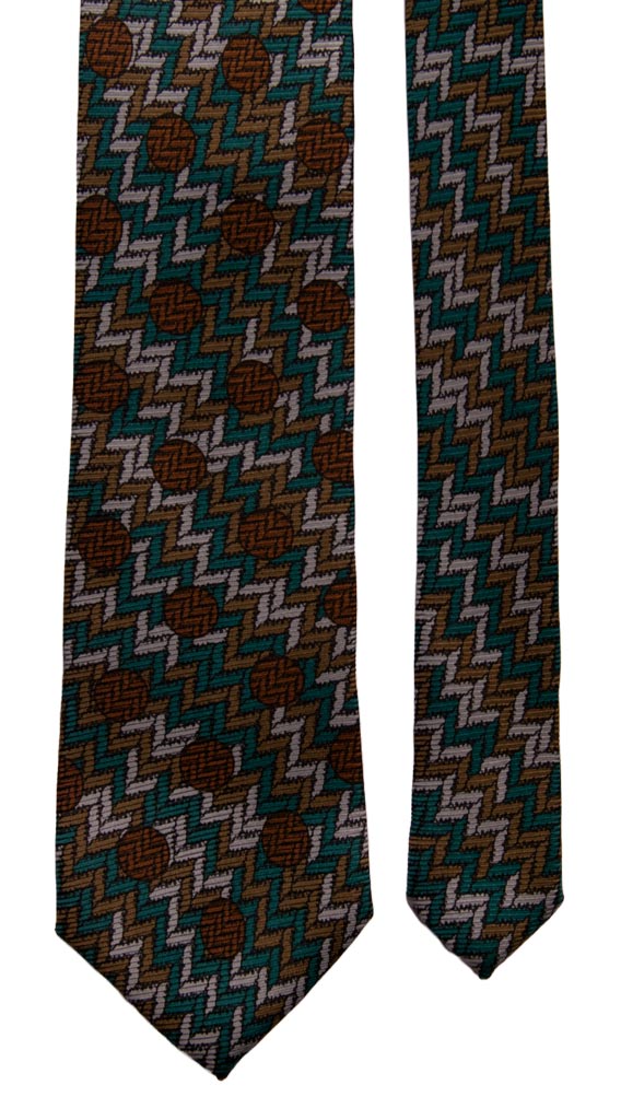 Cravatta Vintage in Saia di Seta Marrone Verde Grigia Fantasia Nodo in Contrasto Made in Italy Graffeo Cravatte Pala