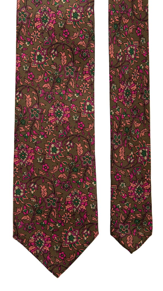 Cravatta Vintage in Saia di Seta Marrone a Fiori Rosa Fucsia Made in Italy Graffeo Cravatte Pala