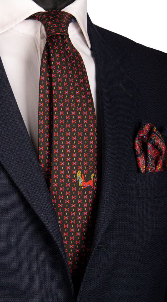 Cravatta Vintage in Saia di Seta Nera Fantasia Multicolor con Animali Made in Italy Graffeo Cravatte