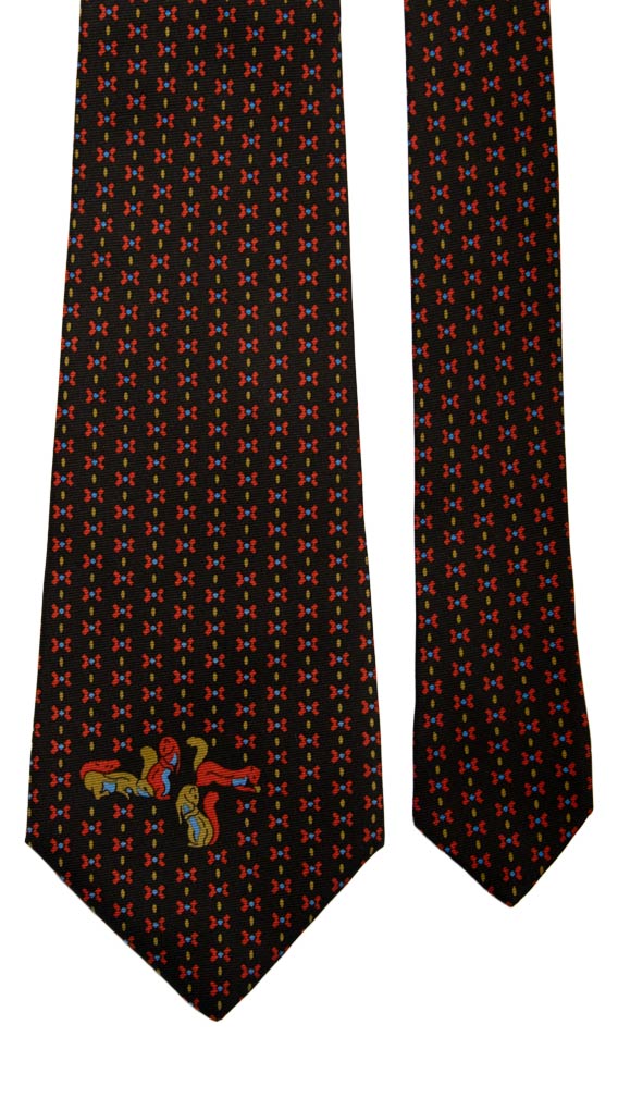 Cravatta Vintage in Saia di Seta Nera Fantasia Multicolor con Animali Made in Italy Graffeo Cravatte Pala