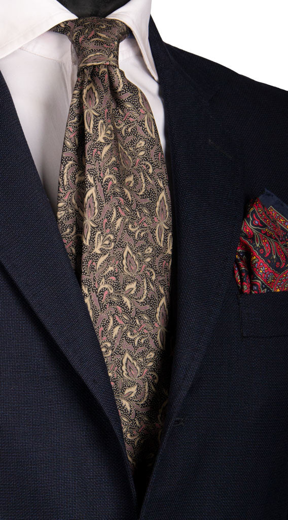 Cravatta Vintage in Saia di Seta Nera a Fiori Beige Rosa Antico Made in Italy Graffeo Cravatte