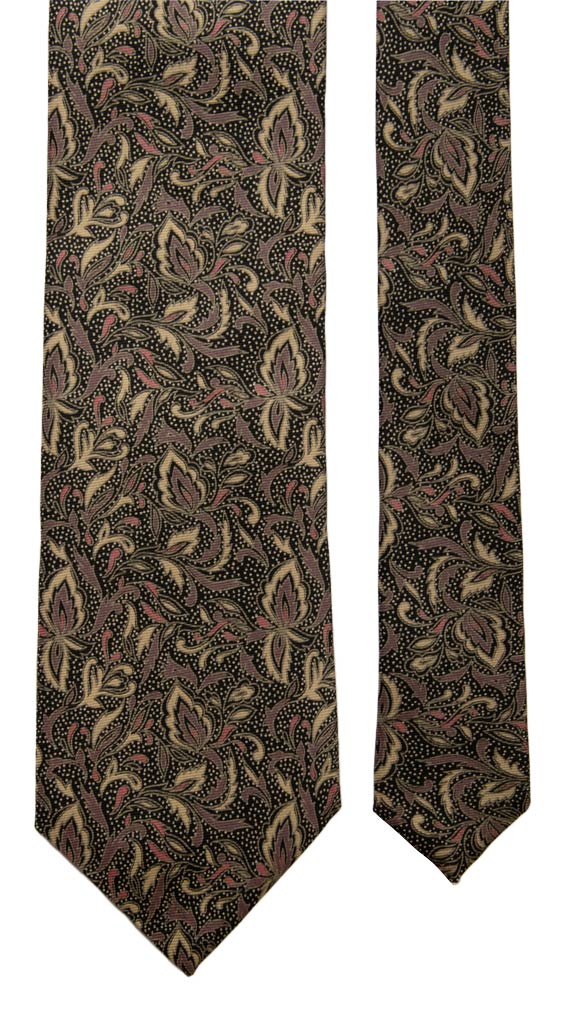 Cravatta Vintage in Saia di Seta Nera a Fiori Beige Rosa Antico Made in Italy Graffeo Cravatte Pala