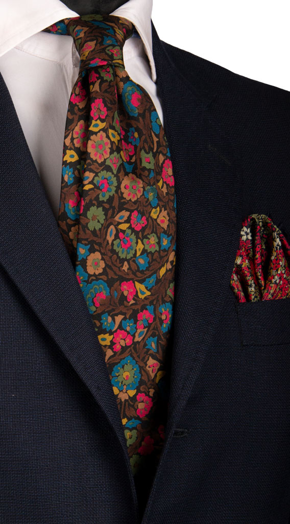 Cravatta Vintage in Saia di Seta Nera a Fiori Multicolor Made in Italy Graffeo Cravatte