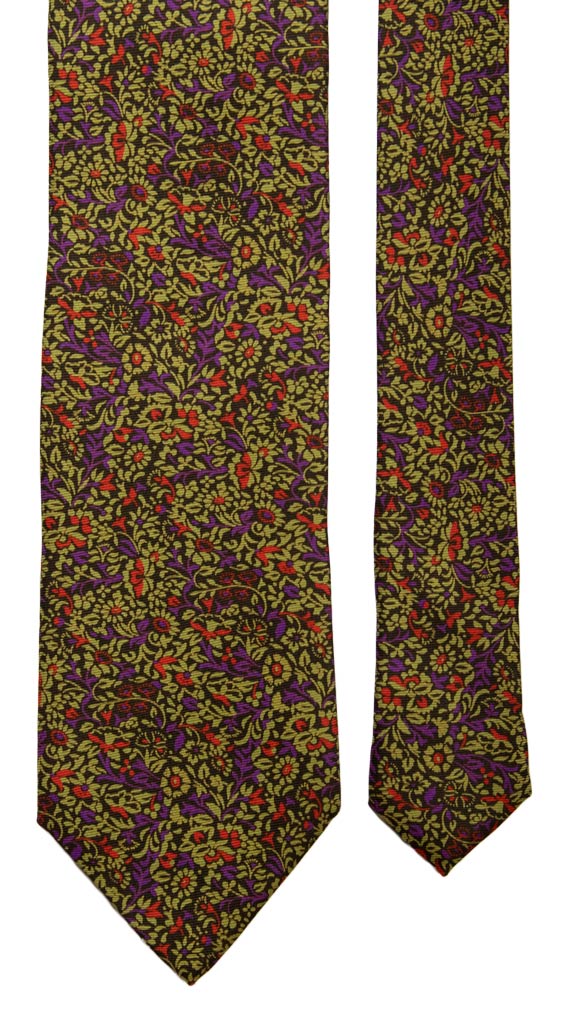Cravatta Vintage in Saia di Seta Nera a Fiori Verdi Viola Corallo Made in Italy Graffeo Cravatte Pala