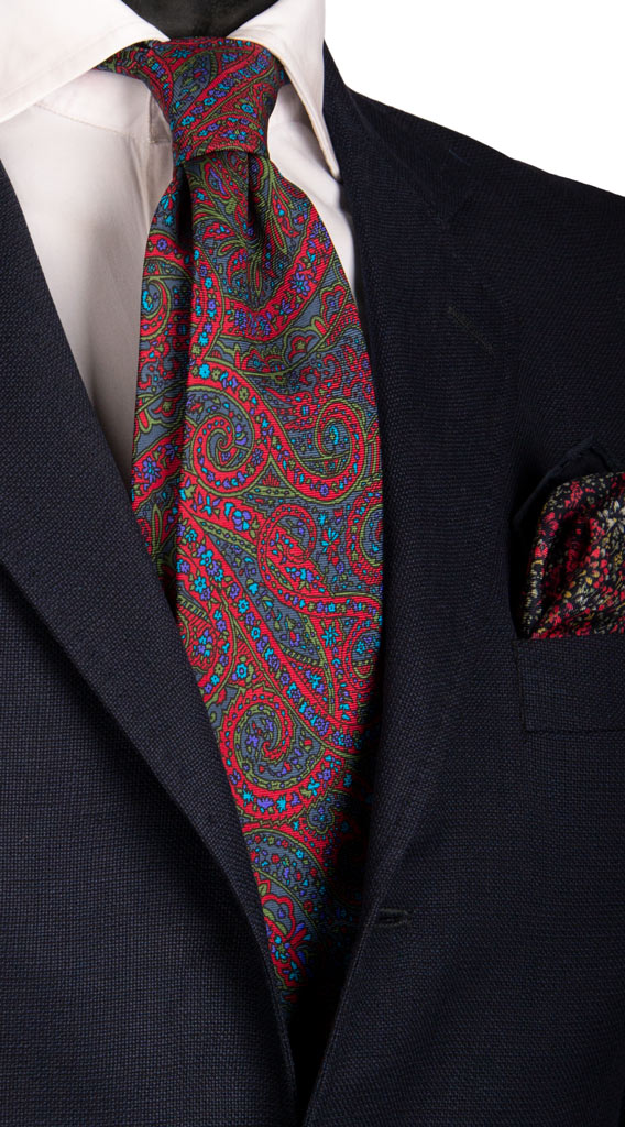 Cravatta Vintage in Saia di Seta Ottanio Rossa Paisley Multicolor Made in Italy Graffeo Cravatte