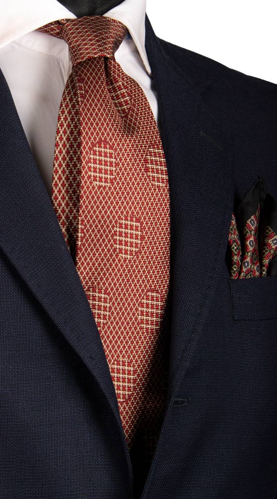 Cravatta Vintage in Saia di Seta Rossa Bordeaux Avorio Fantasia Nodo in Contrasto Made in Italy Graffeo Cravatte