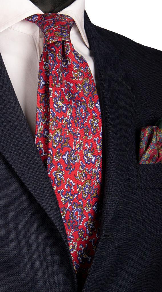 Cravatta Vintage in Saia di Seta Rossa a Fiori Multicolor Made in Italy Graffeo Cravatte