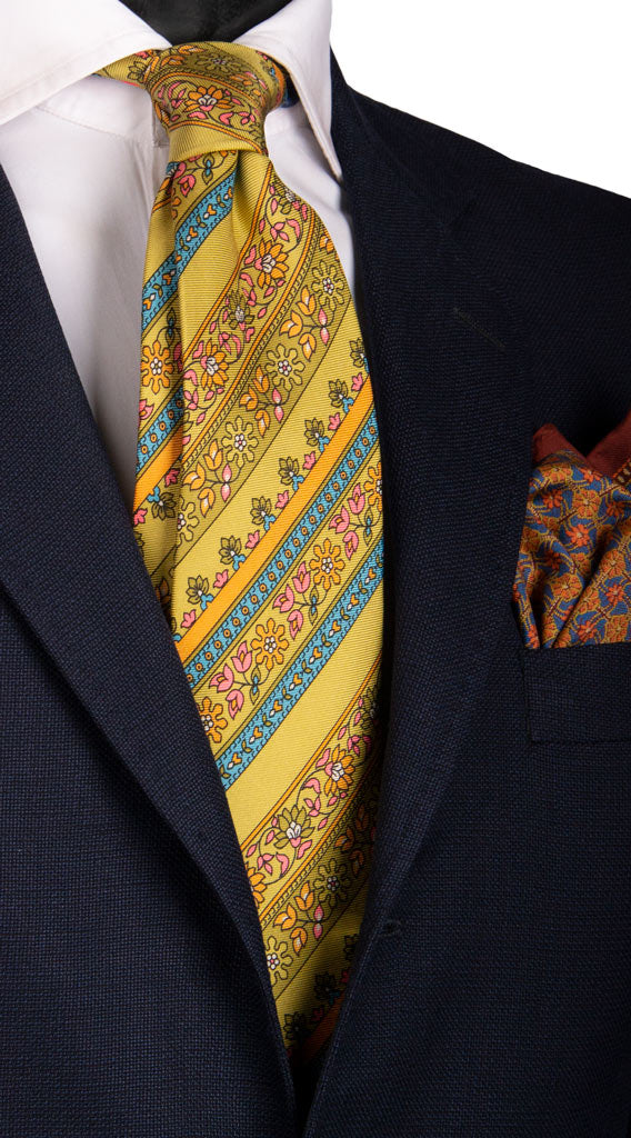 Cravatta Vintage in Saia di Seta Verde Acido Fantasia Multicolor Made in Italy Graffeo Cravatte