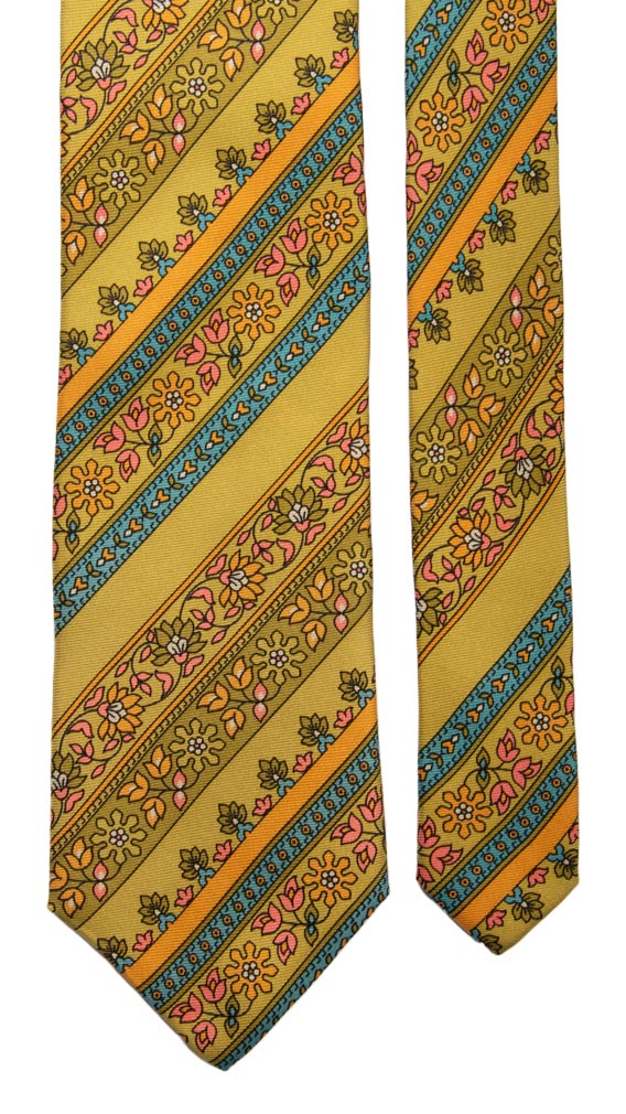 Cravatta Vintage in Saia di Seta Verde Acido Fantasia Multicolor Made in Italy Graffeo Cravatte Pala