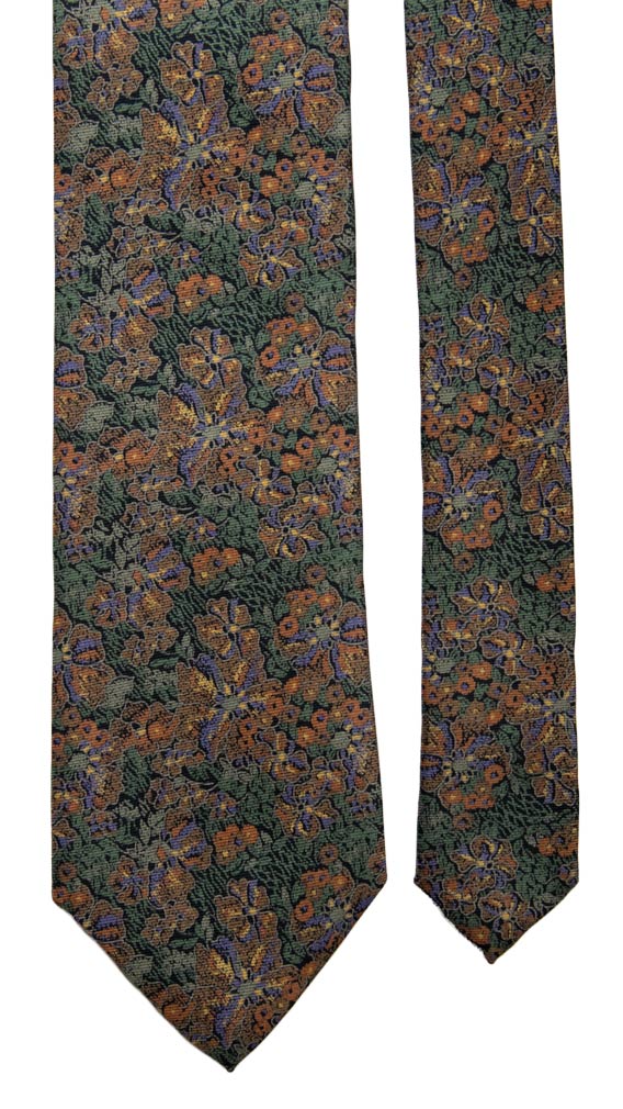 Cravatta Vintage in Saia di Seta Verde Blu a Fiori Viola Ruggine Made in Italy Graffeo Cravatte Pala