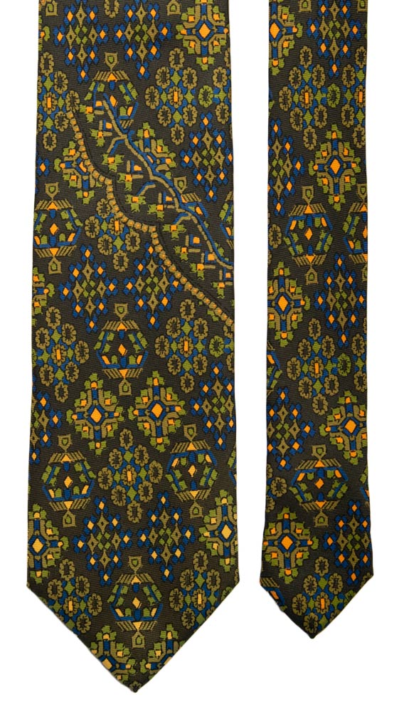 Cravatta Vintage in Saia di Seta Verde Bottiglia Fantasia Verde Bluette Arancione Made in Italy Graffeo Cravatte Pala