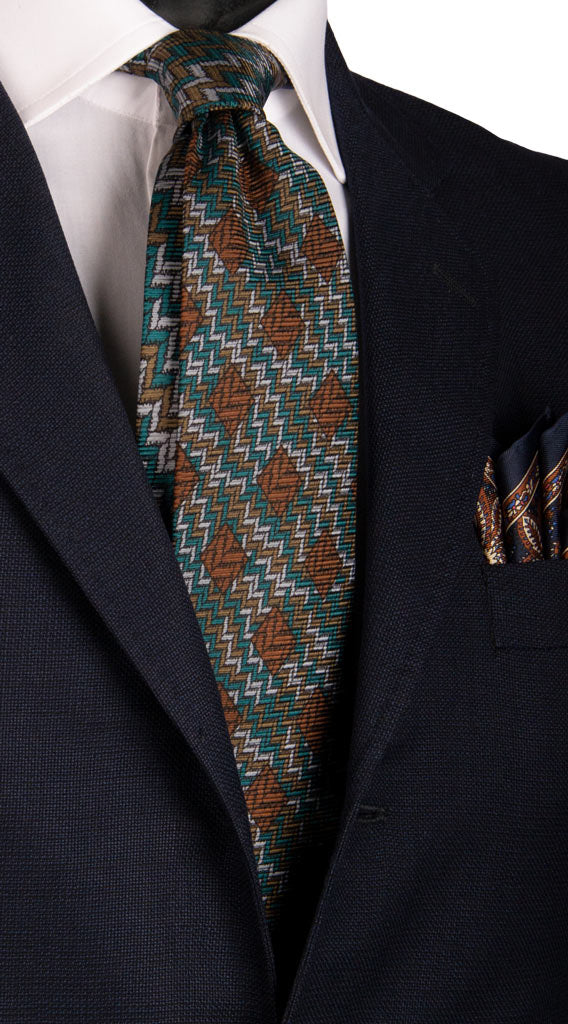 Cravatta Vintage in Saia di Seta Verde Bottiglia Marrone Fantasia Nodo in Contrasto Made in Italy Graffeo Cravatte