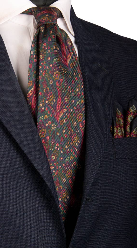 Cravatta Vintage in Saia di Seta Verde Bottiglia a Fiori Multicolor Made in Italy Graffeo Cravatte