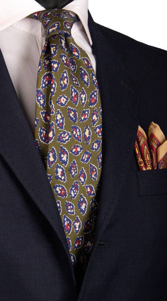 Cravatta Vintage in Saia di Seta Verde Fantasia Bluette Grigia Ruggine Made in Italy Graffeo Cravatte