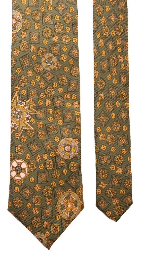 Cravatta Vintage in Saia di Seta Verde Fantasia Giallo Oro Bianca Made in Italy Graffeo Cravatte Pala