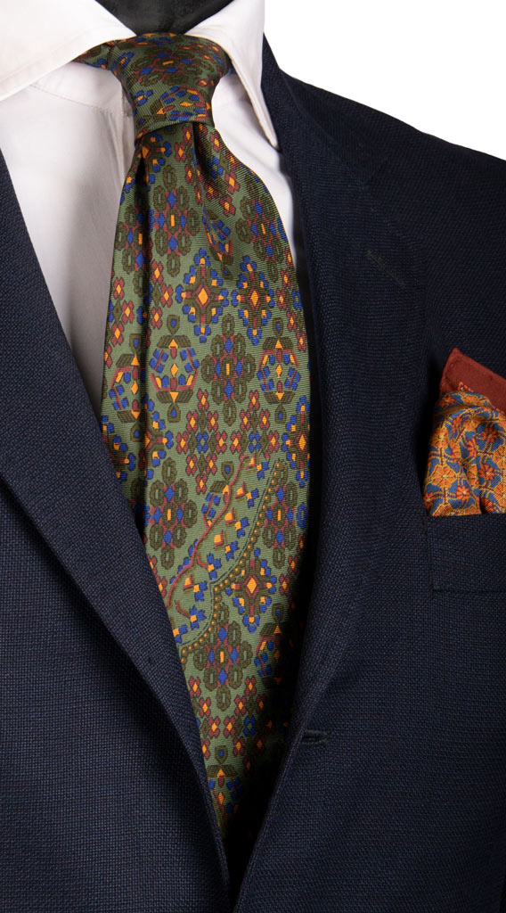Cravatta Vintage in Saia di Seta Verde Fantasia Marrone Bluette Arancione Made in Italy Graffeo Cravatte