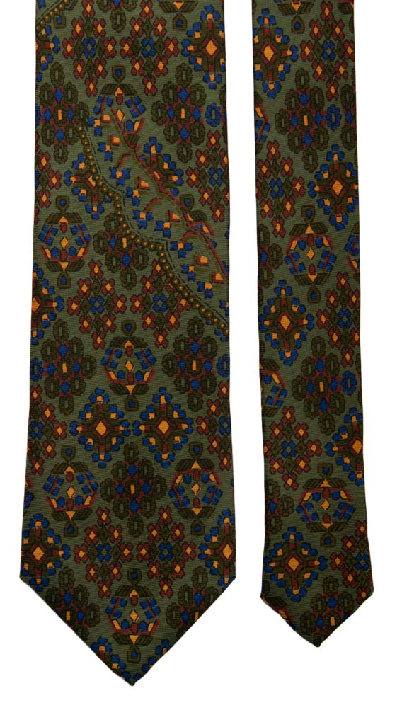 Cravatta Vintage in Saia di Seta Verde Fantasia Marrone Bluette Arancione Made in Italy Graffeo Cravatte Pala