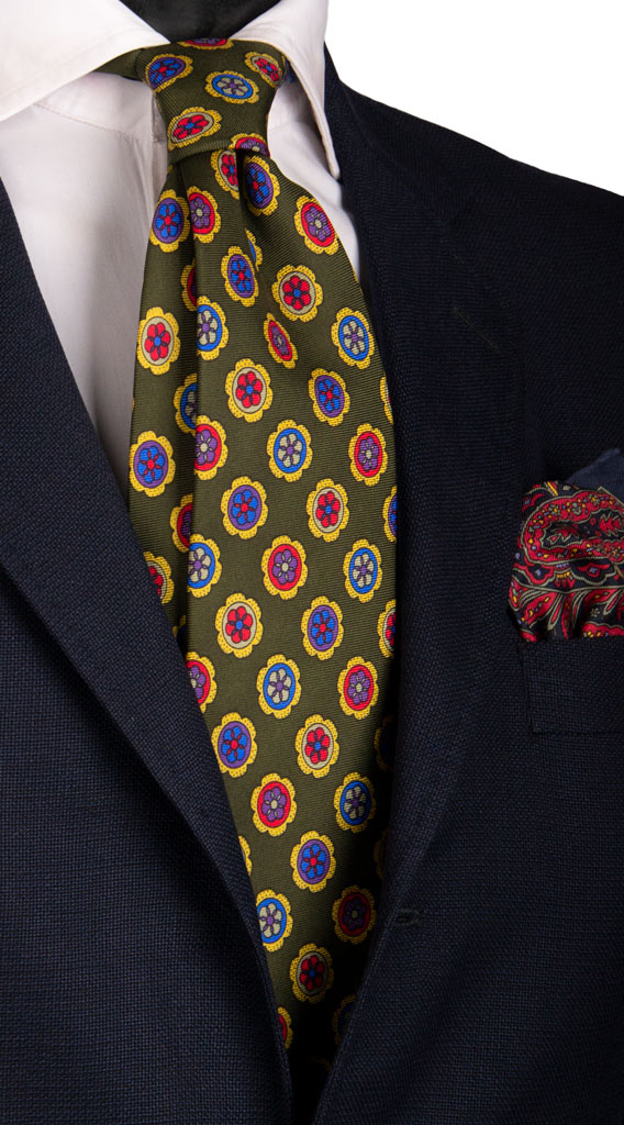Cravatta Vintage in Saia di Seta Verde Fantasia Multicolor Made in Italy Graffeo Cravatte