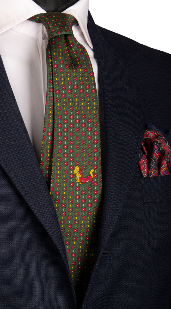 Cravatta Vintage in Saia di Seta Verde Fantasia Multicolor con Animali Made in Italy Graffeo Cravatte