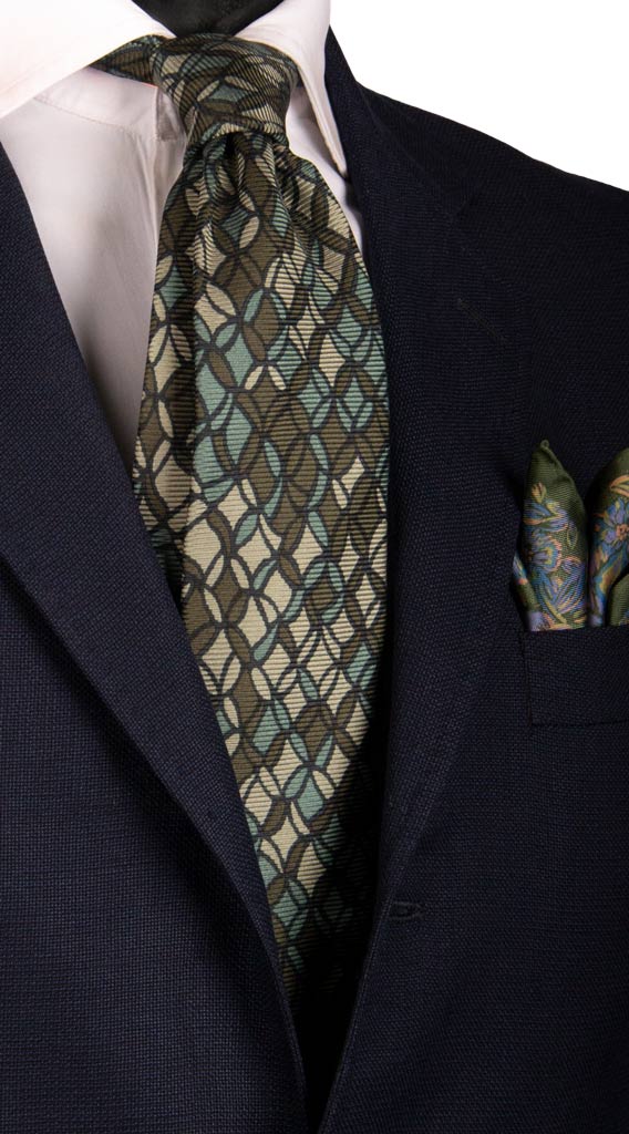 Cravatta Vintage in Saia di Seta Verde Fantasia Blu Made in Italy Graffeo Cravatte