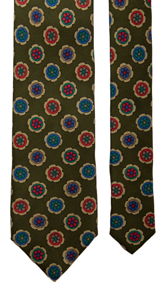 Cravatta Vintage in Saia di Seta Verde Militare Fantasia Multicolor Made in italy Graffeo Cravatte Pala