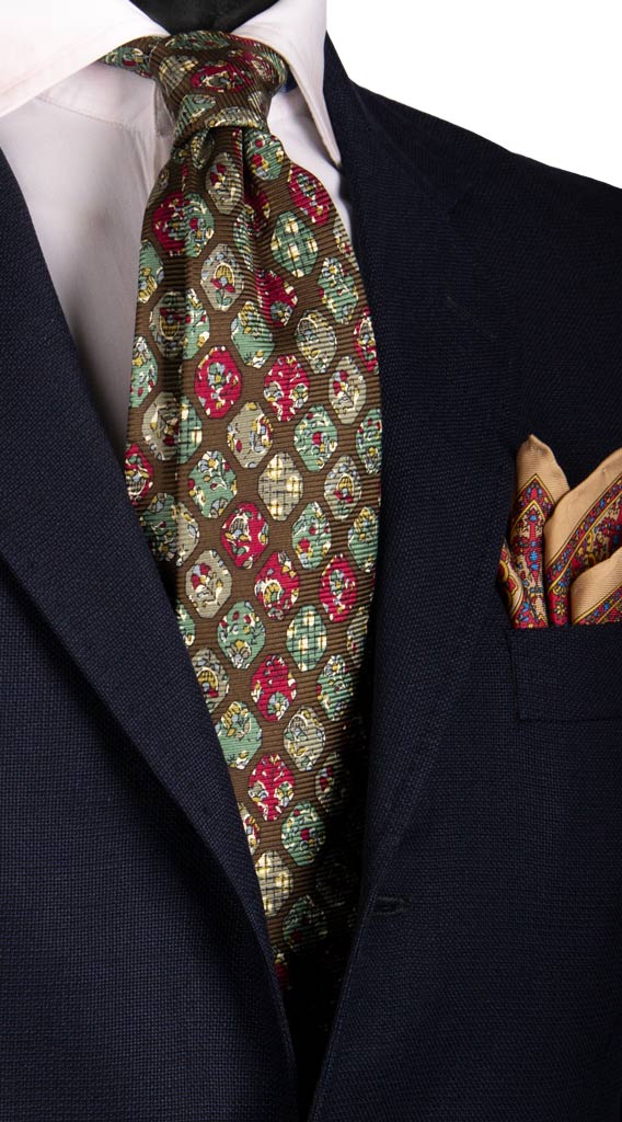 Cravatta Vintage in Saia di Seta Verde Militare Fantasia Bordeaux Made in Italy Graffeo Cravatte