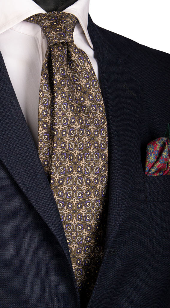 Cravatta Vintage in Saia di Seta Verde Militare Fantasia Viola Grigia Beige Made in Italy Graffeo Cravatte