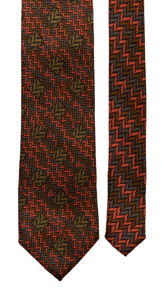 Cravatta Vintage in Saia di Seta Verde Oliva Arancione Fantasia Nodo in Contrasto Made in Italy Graffeo Cravatte Pala