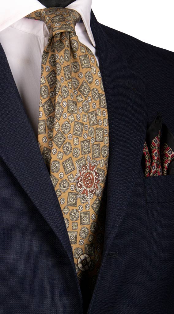 Cravatta Vintage in Saia di Seta Verde Oliva Fantasia Grigia Marrone Made in Italy Graffeo Cravatte