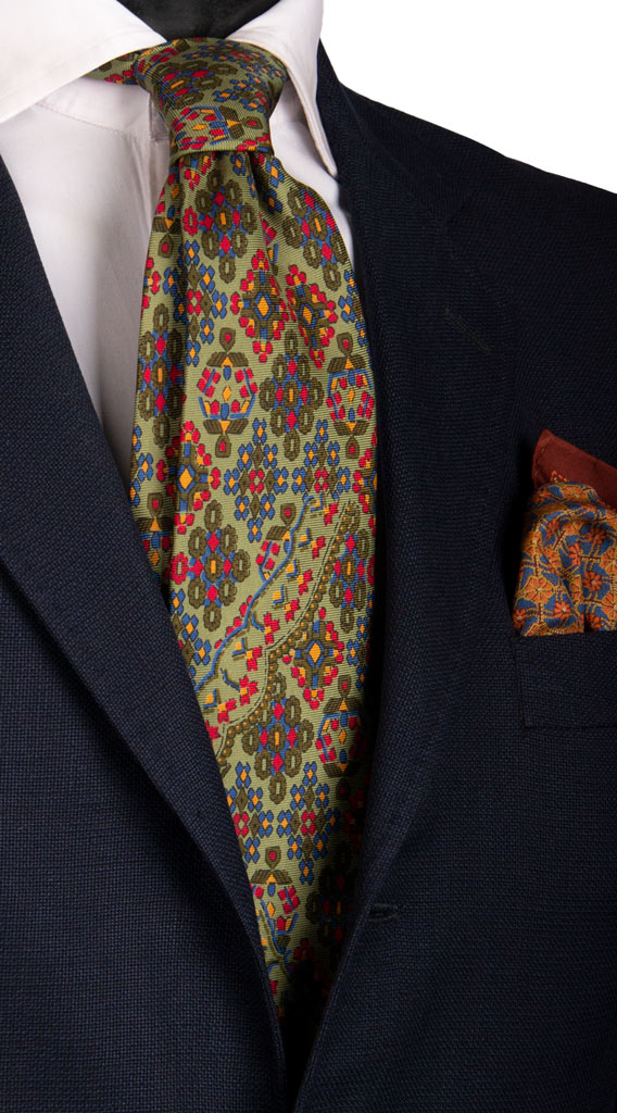 Cravatta Vintage in Saia di Seta Verde Oliva Fantasia Rossa Bluette Arancione Made in Italy Graffeo Cravatte