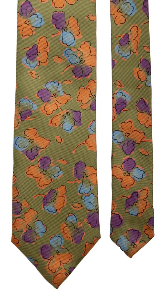 Cravatta Vintage in Saia di Seta Verde Pastello a Fiori Viola Celesti Arancioni Made in italy Graffeo Cravatte Pala