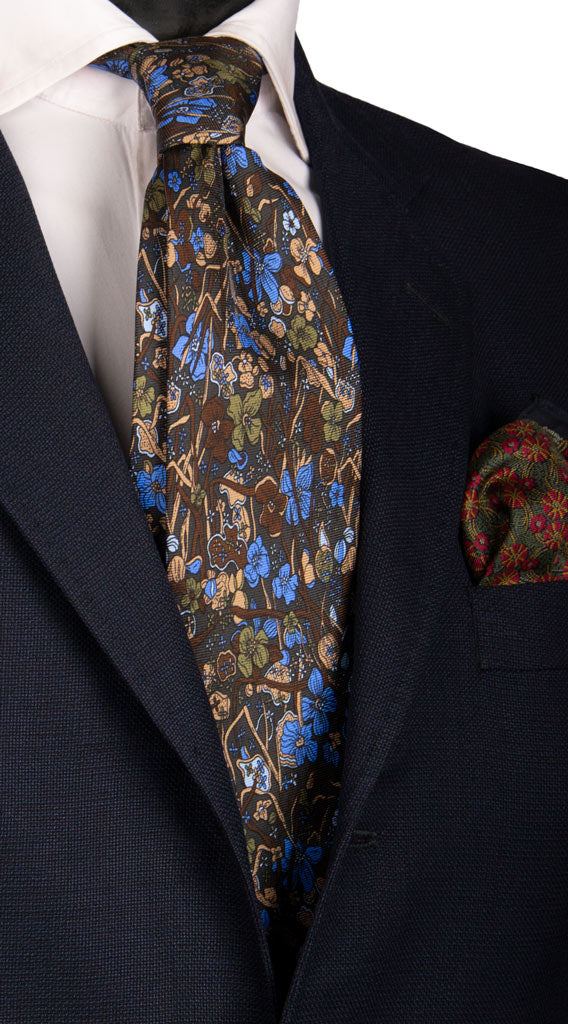Cravatta Vintage in Saia di Seta Verde Scuro a Fiori Multicolor con Animali Made in Italy Graffeo Cravatte