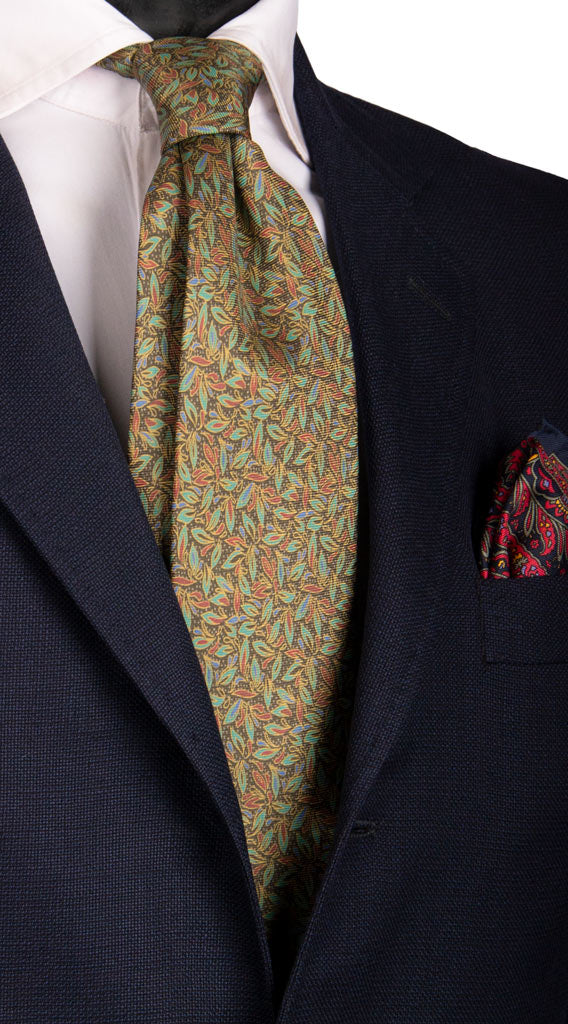 Cravatta Vintage in Saia di Seta Verde a Fiori Multicolor Made in Italy Graffeo Cravatte
