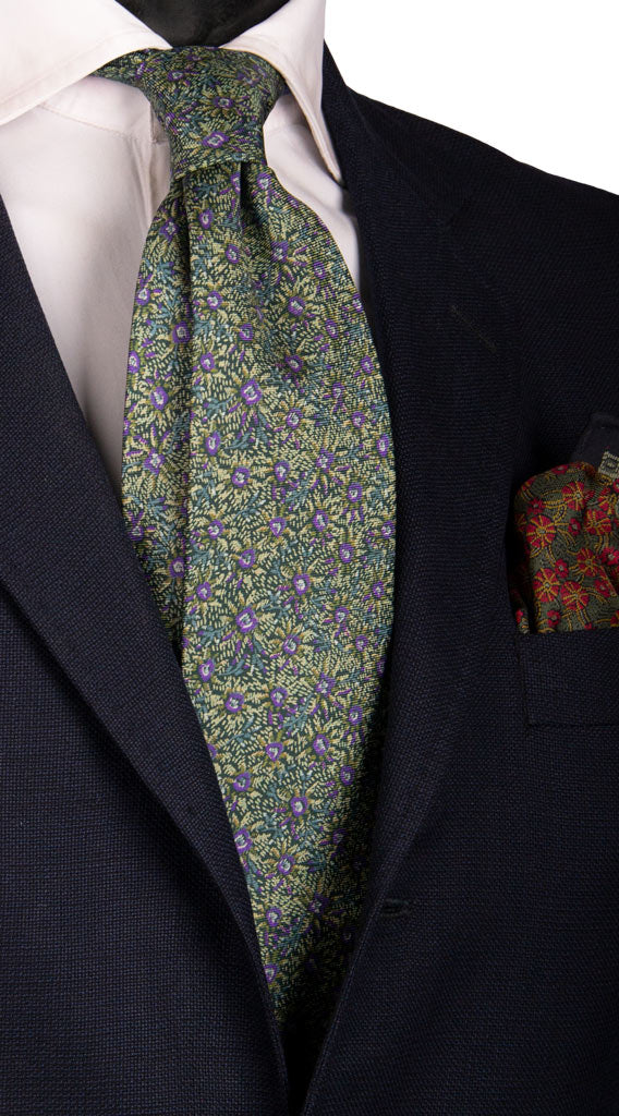 Cravatta Vintage in Saia di Seta Verde a Fiori Viola Made in Italy Graffeo Cravatte