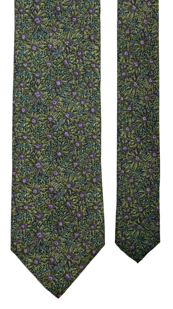 Cravatta Vintage in Saia di Seta Verde a Fiori Viola Made in Italy Graffeo Cravatte Pala